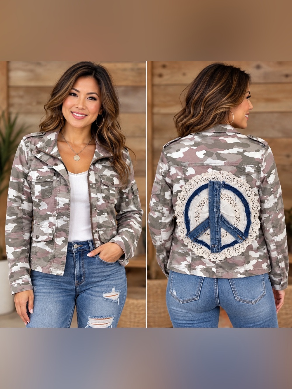 Upcycled Camo Utility Jacket with Lace Denim Peace Patch